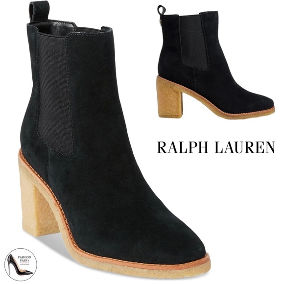 Ralph Lauren Marianna Black Suede Pull-On Chelsea Booties Block Heel Ankle Boots - Picture 1 of 12